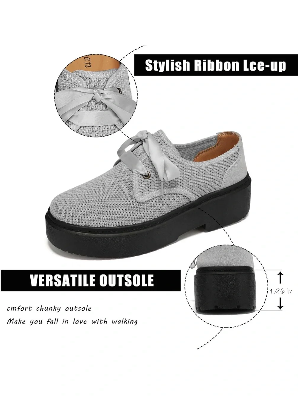 Beauseen Light Gray Mesh Platform Lace-Up Women’s Shoes
